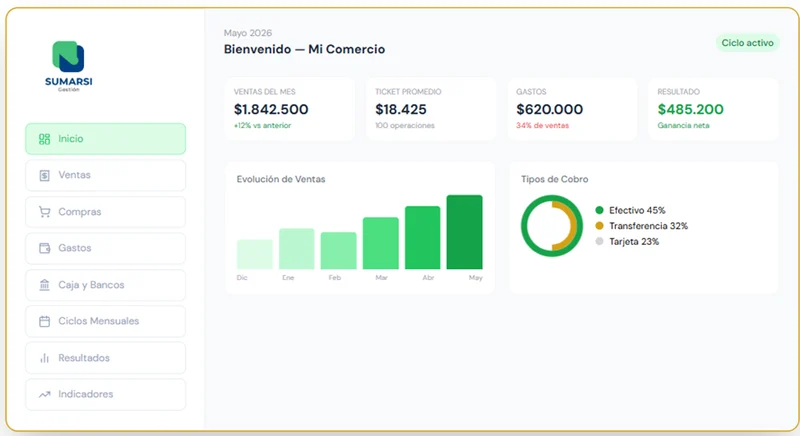 SumarSi dashboard showing sales, expenses, and financial metrics